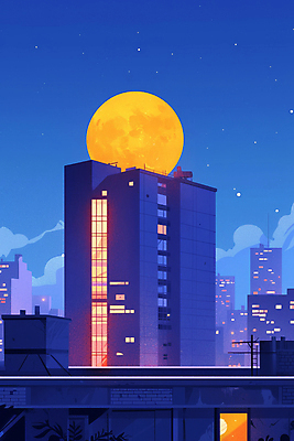 JPG 야경 일러스트 창문 밤하늘 사람없음 건물 파란색 빛 도시풍경 고층빌딩 보름달 도시 옥상 국내일러스트 AI일러스트 AI콘텐츠 건축물 컬러 하늘 풍경 빌딩 달 야간 파일형식 풍경_경치