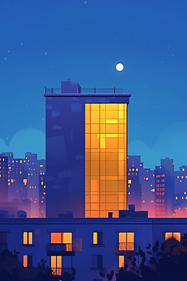 JPG 야경 일러스트 창문 밤하늘 사람없음 건물 파란색 빛 도시풍경 고층빌딩 보름달 도시 옥상 국내일러스트 AI일러스트 AI콘텐츠 건축물 컬러 하늘 풍경 빌딩 달 야간 파일형식 풍경_경치
