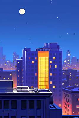 JPG 야경 일러스트 창문 밤하늘 사람없음 건물 파란색 빛 도시풍경 고층빌딩 보름달 도시 옥상 국내일러스트 AI일러스트 AI콘텐츠 건축물 컬러 하늘 풍경 빌딩 달 야간 파일형식 풍경_경치