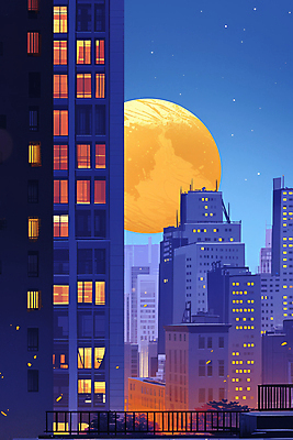 JPG 야경 일러스트 창문 밤하늘 사람없음 건물 파란색 빛 도시풍경 고층빌딩 보름달 도시 옥상 국내일러스트 AI일러스트 AI콘텐츠 건축물 컬러 하늘 풍경 빌딩 달 야간 파일형식 풍경_경치