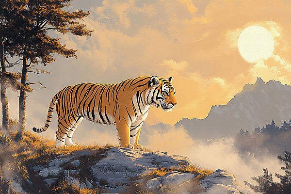 JPG 나무 일러스트 자연 아침 산 사람없음 햇빛 태양 평화 일출 고요 바위 호랑이 국내일러스트 AI일러스트 AI콘텐츠 주간 자연요소 식물 컨셉 포유류 노을 돌_바위 생태계 파일형식