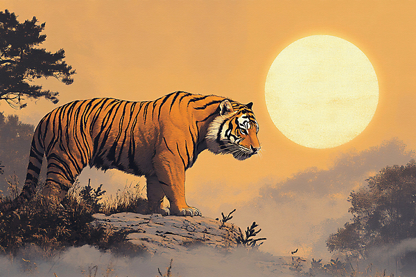 JPG 나무 일러스트 자연 아침 산 사람없음 햇빛 태양 평화 일출 고요 바위 호랑이 국내일러스트 AI일러스트 AI콘텐츠 주간 자연요소 식물 컨셉 포유류 노을 돌_바위 생태계 파일형식