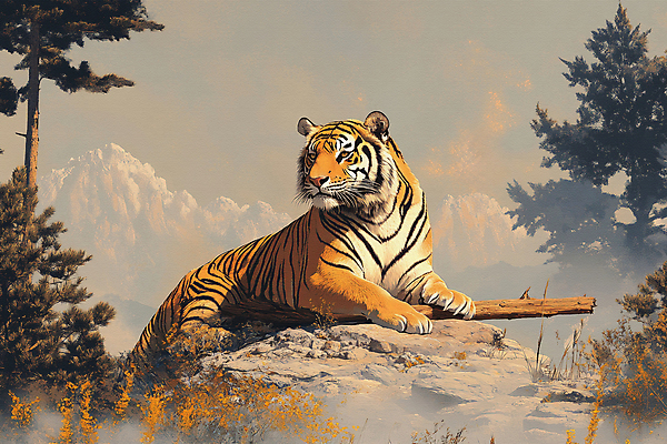 JPG 나무 일러스트 자연 아침 산 사람없음 햇빛 태양 평화 일출 고요 바위 호랑이 국내일러스트 AI일러스트 AI콘텐츠 주간 자연요소 식물 컨셉 포유류 노을 돌_바위 생태계 파일형식