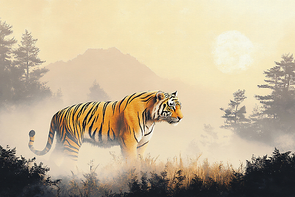 JPG 나무 일러스트 자연 아침 산 사람없음 햇빛 태양 평화 일출 고요 바위 호랑이 국내일러스트 AI일러스트 AI콘텐츠 주간 자연요소 식물 컨셉 포유류 노을 돌_바위 생태계 파일형식