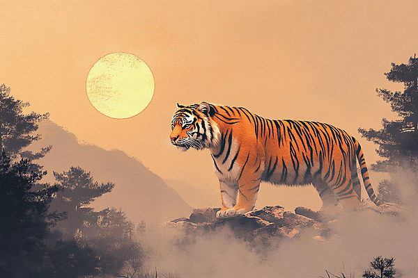 JPG 나무 일러스트 자연 아침 산 사람없음 햇빛 태양 평화 일출 고요 바위 호랑이 국내일러스트 AI일러스트 AI콘텐츠 주간 자연요소 식물 컨셉 포유류 노을 돌_바위 생태계 파일형식