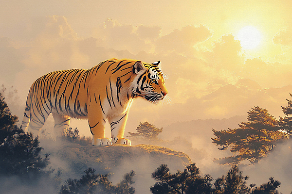 JPG 나무 일러스트 자연 아침 산 사람없음 햇빛 태양 평화 일출 고요 바위 호랑이 국내일러스트 AI일러스트 AI콘텐츠 주간 자연요소 식물 컨셉 포유류 노을 돌_바위 생태계 파일형식