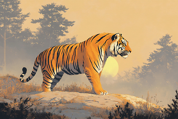 JPG 나무 일러스트 자연 아침 산 사람없음 햇빛 태양 평화 일출 고요 바위 호랑이 국내일러스트 AI일러스트 AI콘텐츠 주간 자연요소 식물 컨셉 포유류 노을 돌_바위 생태계 파일형식