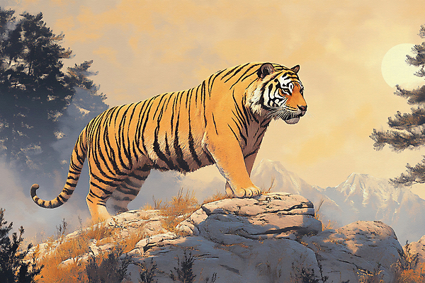 JPG 나무 일러스트 자연 아침 산 사람없음 햇빛 태양 평화 일출 고요 바위 호랑이 국내일러스트 AI일러스트 AI콘텐츠 주간 자연요소 식물 컨셉 포유류 노을 돌_바위 생태계 파일형식