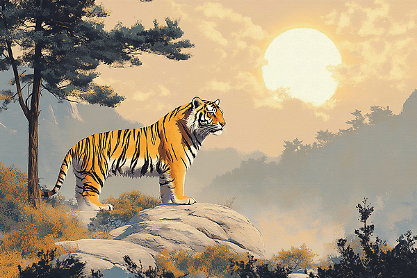 JPG 나무 일러스트 자연 아침 산 사람없음 햇빛 태양 평화 일출 고요 바위 호랑이 국내일러스트 AI일러스트 AI콘텐츠 주간 자연요소 식물 컨셉 포유류 노을 돌_바위 생태계 파일형식