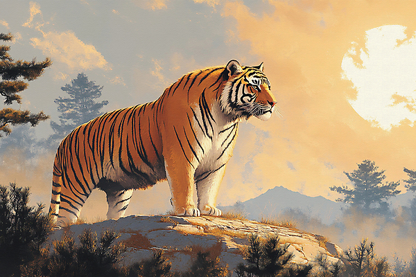 JPG 나무 일러스트 자연 아침 산 사람없음 햇빛 태양 평화 일출 고요 바위 호랑이 국내일러스트 AI일러스트 AI콘텐츠 주간 자연요소 식물 컨셉 포유류 노을 돌_바위 생태계 파일형식