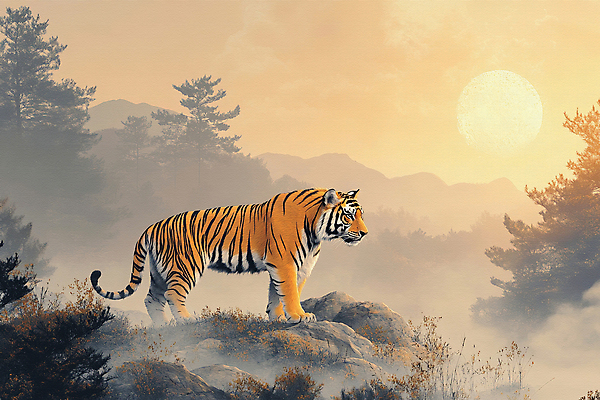 JPG 나무 일러스트 자연 아침 산 사람없음 햇빛 태양 평화 일출 고요 바위 호랑이 국내일러스트 AI일러스트 AI콘텐츠 주간 자연요소 식물 컨셉 포유류 노을 돌_바위 생태계 파일형식