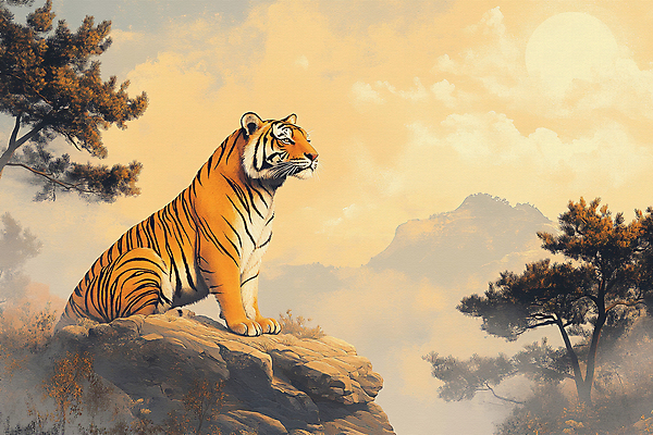 JPG 나무 일러스트 자연 아침 산 사람없음 햇빛 태양 평화 일출 고요 바위 호랑이 국내일러스트 AI일러스트 AI콘텐츠 주간 자연요소 식물 컨셉 포유류 노을 돌_바위 생태계 파일형식