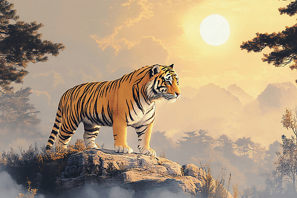 JPG 나무 일러스트 자연 아침 산 사람없음 햇빛 태양 평화 일출 고요 바위 호랑이 국내일러스트 AI일러스트 AI콘텐츠 주간 자연요소 식물 컨셉 포유류 노을 돌_바위 생태계 파일형식