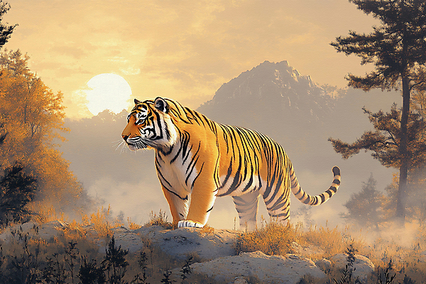 JPG 나무 일러스트 자연 아침 산 사람없음 햇빛 태양 평화 일출 고요 바위 호랑이 국내일러스트 AI일러스트 AI콘텐츠 주간 자연요소 식물 컨셉 포유류 노을 돌_바위 생태계 파일형식