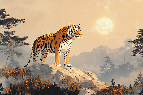 JPG 나무 일러스트 자연 아침 산 사람없음 햇빛 태양 평화 일출 고요 바위 호랑이 국내일러스트 AI일러스트 AI콘텐츠 주간 자연요소 식물 컨셉 포유류 노을 돌_바위 생태계 파일형식