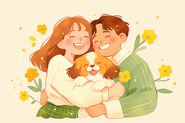 JPG 여자 남자 꽃 행복 반려견 일러스트 안기 포옹 따뜻함 사랑 미소 웃음 상반신 성인 두명 노란색 강아지 시츄 힐링 성인만 펫팸족 국내일러스트 AI일러스트 AI콘텐츠 식물 감정 컬러 모션 표정 사람 반려동물 개 신조어 파일형식