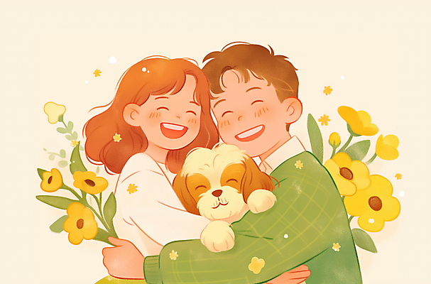 JPG 여자 남자 꽃 행복 반려견 일러스트 안기 포옹 따뜻함 사랑 미소 웃음 상반신 성인 두명 노란색 강아지 시츄 힐링 성인만 펫팸족 국내일러스트 AI일러스트 AI콘텐츠 식물 감정 컬러 모션 표정 사람 반려동물 개 신조어 파일형식