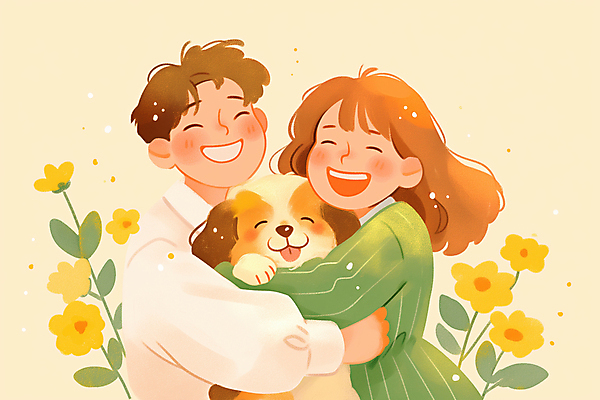 JPG 여자 남자 꽃 행복 반려견 일러스트 안기 포옹 따뜻함 사랑 미소 웃음 상반신 성인 두명 노란색 강아지 시츄 힐링 성인만 펫팸족 국내일러스트 AI일러스트 AI콘텐츠 식물 감정 컬러 모션 표정 사람 반려동물 개 신조어 파일형식