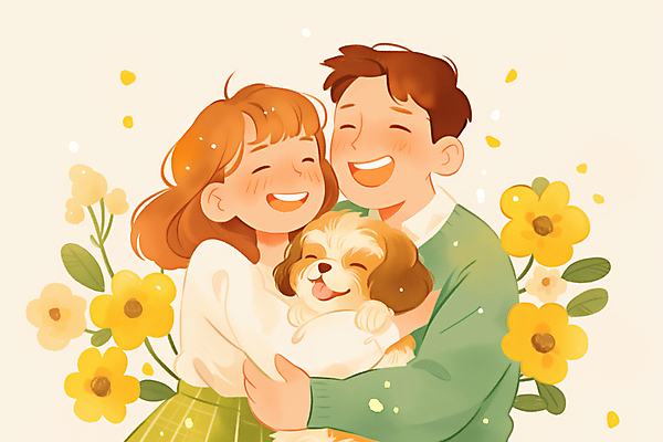 JPG 여자 남자 꽃 행복 반려견 일러스트 안기 포옹 따뜻함 사랑 미소 웃음 상반신 성인 두명 노란색 강아지 시츄 힐링 성인만 펫팸족 국내일러스트 AI일러스트 AI콘텐츠 식물 감정 컬러 모션 표정 사람 반려동물 개 신조어 파일형식