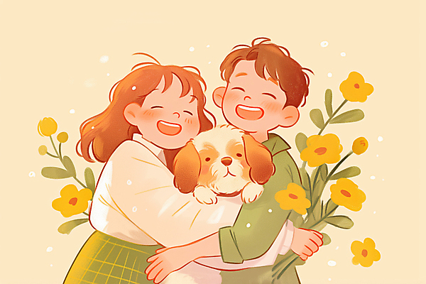 JPG 여자 남자 꽃 행복 반려견 일러스트 안기 포옹 따뜻함 사랑 미소 웃음 상반신 성인 두명 노란색 강아지 시츄 힐링 성인만 펫팸족 국내일러스트 AI일러스트 AI콘텐츠 식물 감정 컬러 모션 표정 사람 반려동물 개 신조어 파일형식