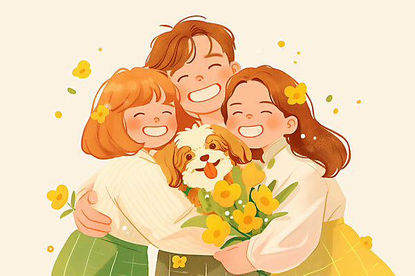 JPG 여자 남자 꽃 행복 반려견 어린이 일러스트 안기 포옹 따뜻함 사랑 미소 웃음 소녀 상반신 성인 세명 노란색 강아지 시츄 힐링 펫팸족 국내일러스트 AI일러스트 AI콘텐츠 식물 감정 컬러 모션 표정 사람 반려동물 개 신조어 파일형식