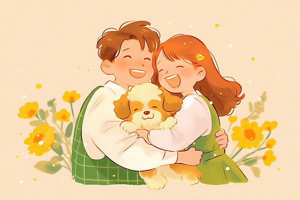 JPG 여자 남자 꽃 행복 반려견 일러스트 안기 포옹 따뜻함 사랑 미소 웃음 상반신 성인 두명 노란색 강아지 시츄 힐링 성인만 펫팸족 국내일러스트 AI일러스트 AI콘텐츠 식물 감정 컬러 모션 표정 사람 반려동물 개 신조어 파일형식