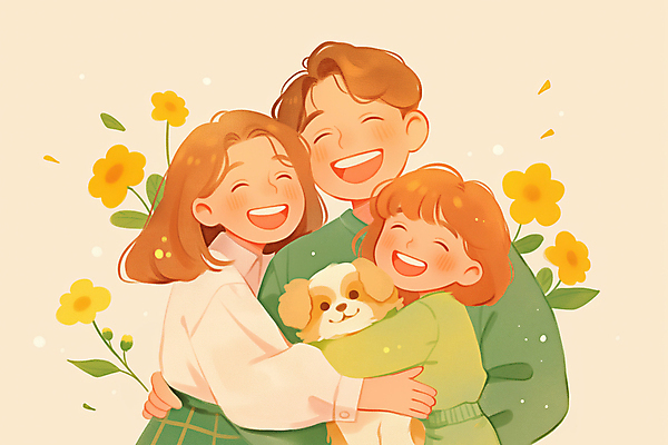 JPG 여자 남자 꽃 행복 반려견 어린이 일러스트 안기 포옹 따뜻함 사랑 미소 웃음 소녀 상반신 성인 세명 노란색 강아지 시츄 힐링 펫팸족 국내일러스트 AI일러스트 AI콘텐츠 식물 감정 컬러 모션 표정 사람 반려동물 개 신조어 파일형식