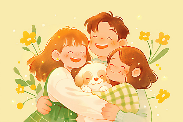 JPG 여자 남자 꽃 행복 반려견 어린이 일러스트 안기 포옹 따뜻함 사랑 미소 웃음 소녀 상반신 성인 세명 노란색 강아지 시츄 힐링 펫팸족 국내일러스트 AI일러스트 AI콘텐츠 식물 감정 컬러 모션 표정 사람 반려동물 개 신조어 파일형식