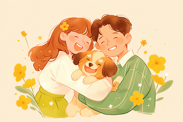 JPG 여자 남자 꽃 행복 반려견 일러스트 안기 포옹 따뜻함 사랑 미소 웃음 상반신 성인 두명 노란색 강아지 시츄 힐링 성인만 펫팸족 국내일러스트 AI일러스트 AI콘텐츠 식물 감정 컬러 모션 표정 사람 반려동물 개 신조어 파일형식
