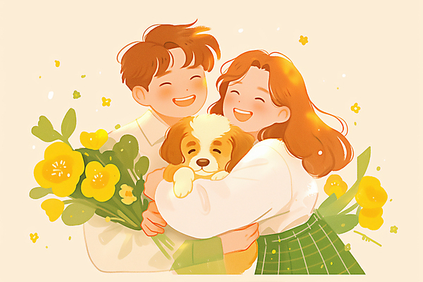 JPG 여자 남자 꽃 행복 반려견 일러스트 안기 포옹 따뜻함 사랑 미소 웃음 상반신 성인 두명 노란색 강아지 시츄 힐링 성인만 펫팸족 국내일러스트 AI일러스트 AI콘텐츠 식물 감정 컬러 모션 표정 사람 반려동물 개 신조어 파일형식