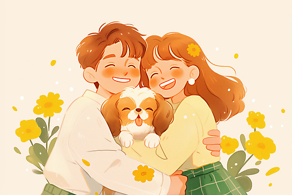 JPG 여자 남자 꽃 행복 반려견 일러스트 안기 포옹 따뜻함 사랑 미소 웃음 상반신 성인 두명 노란색 강아지 시츄 힐링 성인만 펫팸족 국내일러스트 AI일러스트 AI콘텐츠 식물 감정 컬러 모션 표정 사람 반려동물 개 신조어 파일형식
