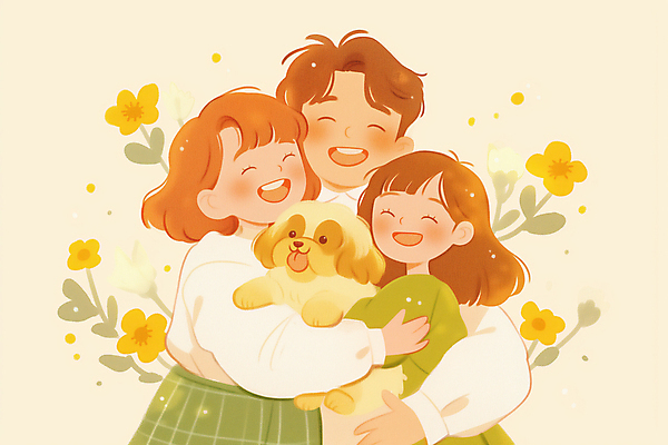 JPG 여자 남자 꽃 행복 반려견 어린이 일러스트 안기 포옹 따뜻함 사랑 미소 웃음 소녀 상반신 성인 세명 노란색 강아지 시츄 힐링 펫팸족 국내일러스트 AI일러스트 AI콘텐츠 식물 감정 컬러 모션 표정 사람 반려동물 개 신조어 파일형식