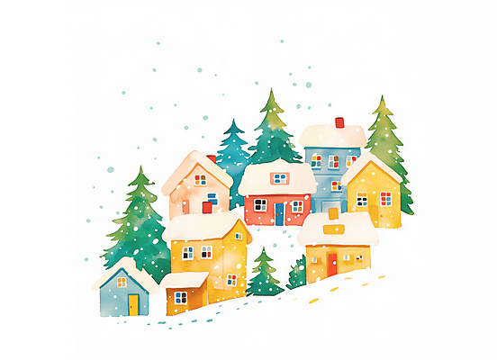 JPG 설경 겨울 일러스트 주택 풍경 사람없음 평화 마을 눈 소나무 눈송이 국내일러스트 AI일러스트 AI콘텐츠 자연요소 나무 계절 컨셉 날씨 눈_날씨 건물 파일형식