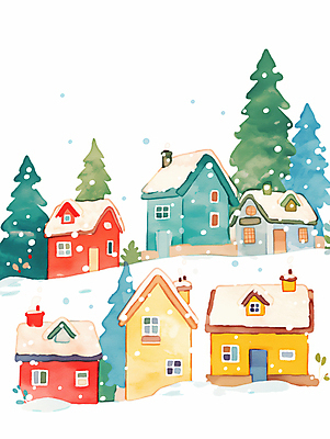 JPG 설경 겨울 일러스트 주택 풍경 사람없음 평화 마을 눈 소나무 눈송이 국내일러스트 AI일러스트 AI콘텐츠 자연요소 나무 계절 컨셉 날씨 눈_날씨 건물 파일형식