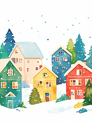 JPG 설경 겨울 일러스트 주택 풍경 사람없음 평화 마을 눈 소나무 눈송이 국내일러스트 AI일러스트 AI콘텐츠 자연요소 나무 계절 컨셉 날씨 눈_날씨 건물 파일형식