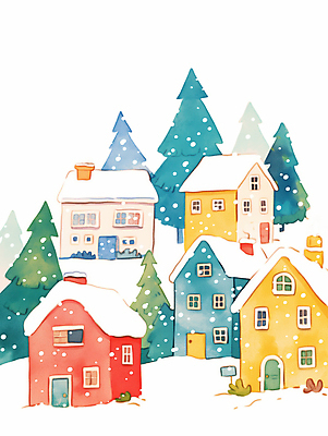JPG 설경 겨울 일러스트 주택 풍경 사람없음 평화 마을 눈 소나무 눈송이 국내일러스트 AI일러스트 AI콘텐츠 자연요소 나무 계절 컨셉 날씨 눈_날씨 건물 파일형식