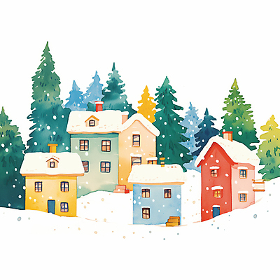 JPG 설경 겨울 일러스트 주택 풍경 사람없음 평화 마을 눈 소나무 눈송이 국내일러스트 AI일러스트 AI콘텐츠 자연요소 나무 계절 컨셉 날씨 눈_날씨 건물 파일형식