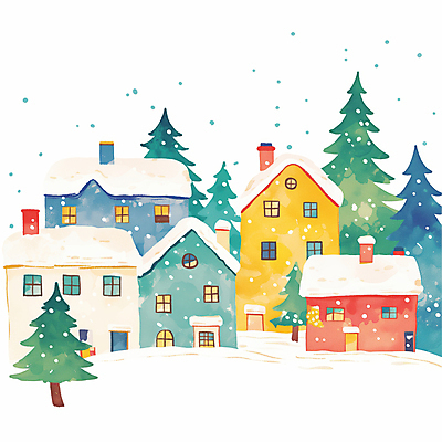 JPG 설경 겨울 일러스트 주택 풍경 사람없음 평화 마을 눈 소나무 눈송이 국내일러스트 AI일러스트 AI콘텐츠 자연요소 나무 계절 컨셉 날씨 눈_날씨 건물 파일형식