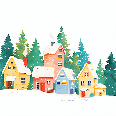 JPG 설경 겨울 일러스트 주택 풍경 사람없음 평화 마을 눈 소나무 눈송이 국내일러스트 AI일러스트 AI콘텐츠 자연요소 나무 계절 컨셉 날씨 눈_날씨 건물 파일형식