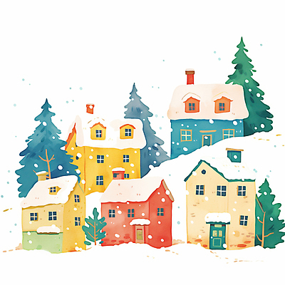JPG 설경 겨울 일러스트 주택 풍경 사람없음 평화 마을 눈 소나무 눈송이 국내일러스트 AI일러스트 AI콘텐츠 자연요소 나무 계절 컨셉 날씨 눈_날씨 건물 파일형식