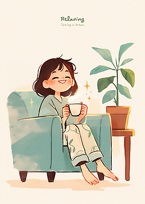 전신 PSD 식물 여자 화분 어린이 일러스트 휴식 한명 미소 앉기 소녀 소파 잠옷 머그컵 차 힐링 소녀한명만 국내일러스트 1 옷 음료 컨셉 의자 모션 표정 사람 컵 여자한명만 소녀만 파일형식
