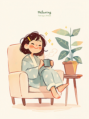 전신 PSD 식물 여자 화분 어린이 일러스트 휴식 한명 미소 앉기 소녀 소파 잠옷 머그컵 차 힐링 소녀한명만 국내일러스트 1 옷 음료 컨셉 의자 모션 표정 사람 컵 여자한명만 소녀만 파일형식