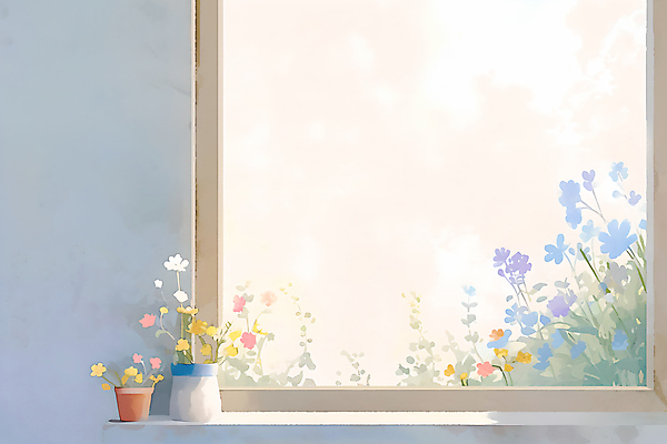 JPG 꽃 화분 벽 일러스트 창문 수채화 따뜻함 사람없음 햇빛 오후 국내일러스트 AI일러스트 AI콘텐츠 식물 태양 파일형식