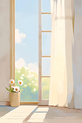 JPG 꽃 화분 벽 일러스트 창문 수채화 따뜻함 그림자 사람없음 햇빛 커튼 오후 국내일러스트 AI일러스트 AI콘텐츠 식물 태양 파일형식