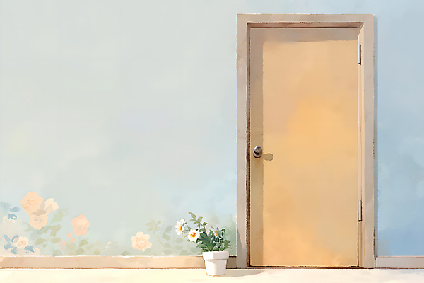 JPG 꽃 화분 벽 잎 일러스트 수채화 따뜻함 손잡이 사람없음 문 오후 국내일러스트 AI일러스트 AI콘텐츠 식물 파일형식