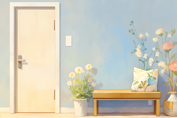 JPG 꽃 화분 벽 쿠션 잎 일러스트 탁자 수채화 따뜻함 손잡이 사람없음 문 오후 국내일러스트 AI일러스트 AI콘텐츠 식물 가구 파일형식