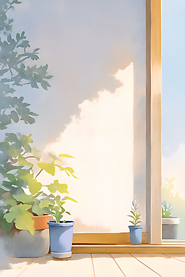 JPG 화분 벽 잎 일러스트 창문 수채화 따뜻함 그림자 사람없음 햇빛 마루 나무바닥 오후 국내일러스트 AI일러스트 AI콘텐츠 식물 바닥 태양 파일형식