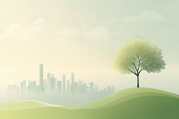 JPG 나무 일러스트 빌딩 사람없음 건물 초록색 도시 언덕 국내일러스트 AI일러스트 AI콘텐츠 식물 건축물 컬러 파일형식