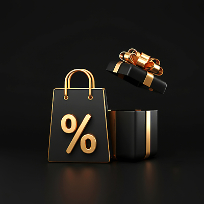 JPG 편집이미지 선물 이벤트 사람없음 선물상자 쇼핑 쇼핑백 3D 세일 검은색 금색 퍼센트 고급 알림 입체 디지털합성 마케팅 블랙프라이데이 편집3D AI컴퓨터그래픽 AI콘텐츠 컬러 컨셉 가방 데이이벤트 상자 특수기호 파일형식