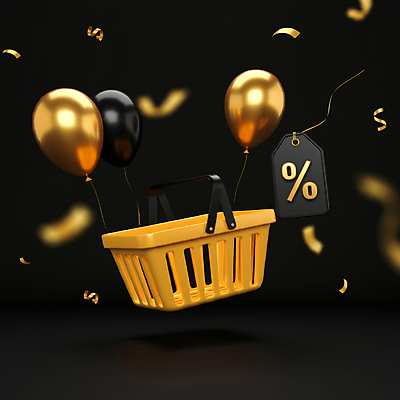 JPG 편집이미지 이벤트 사람없음 쇼핑 3D 꼬리표 세일 검은색 금색 퍼센트 고급 장바구니 입체 디지털합성 꽃가루 풍선 마케팅 블랙프라이데이 편집3D AI컴퓨터그래픽 AI콘텐츠 컬러 컨셉 데이이벤트 라벨 바구니 특수기호 가루 파일형식